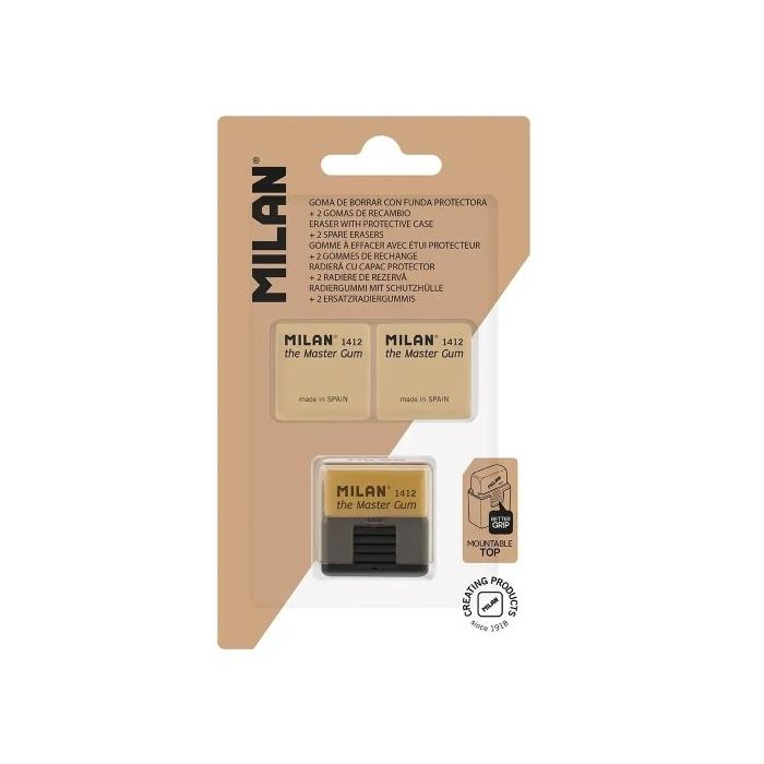 Milan Master Gum Pack de Goma con Funda Rigida + 2 Gomas de Recambio - Para Bellas Artes - Miga de Pan - Caucho Sintetico - Colo