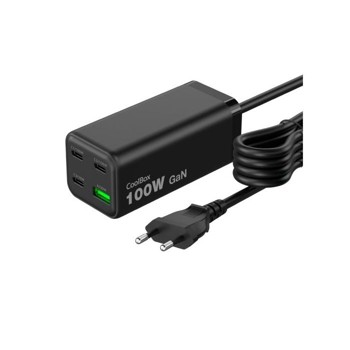 CoolBox Cargador GAN 100W Chargemaster 4 PRO - 3xUSB-C - 1xUSB-A - Carga Rapida 3.0- Power Delivery - Cable 1.5 Metros - Color N