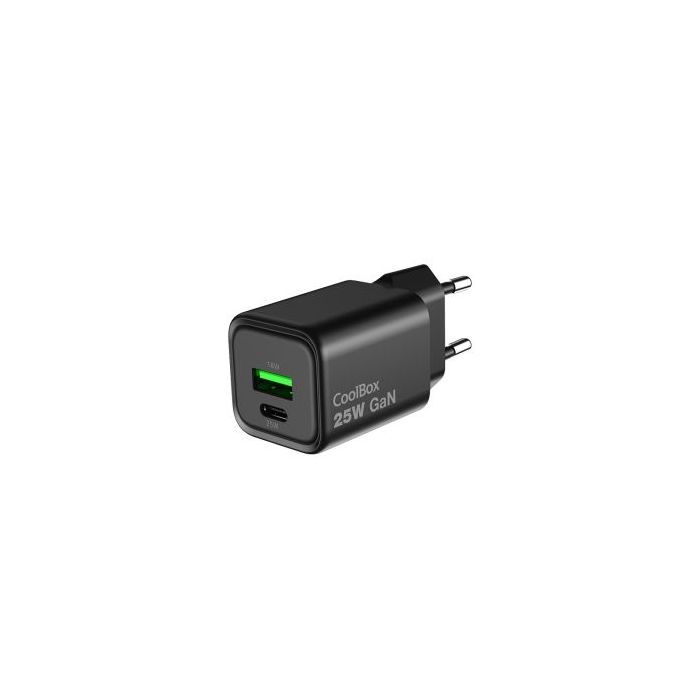 CoolBox Cargador GAN 25W - 1xUSB-C - 1xUSB-A - Carga Rapida 3.0 - Power Delivery - Color Negro