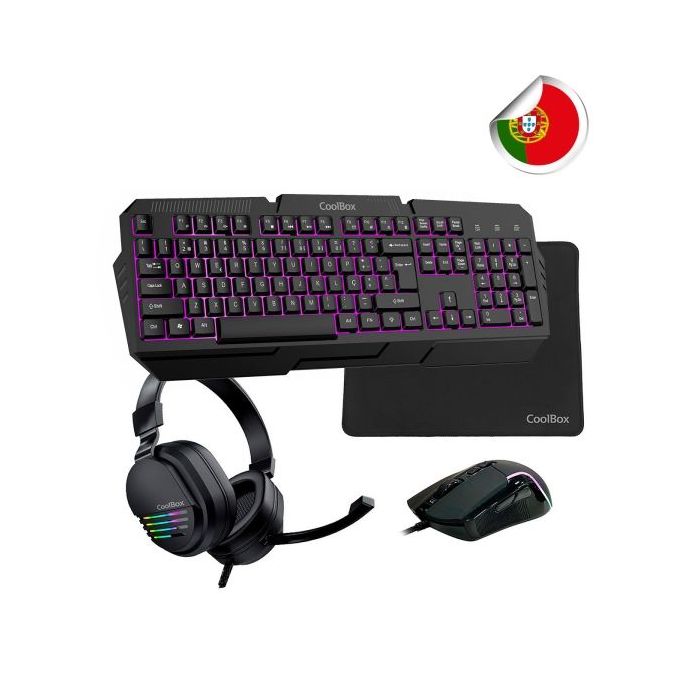 Coolbox Pack Gaming XWING 2 4 en 1 Portugues- Teclado RGB - Raton 7200 DPI - Auriculares RGB USB - Alfombrilla  Antideslizante -