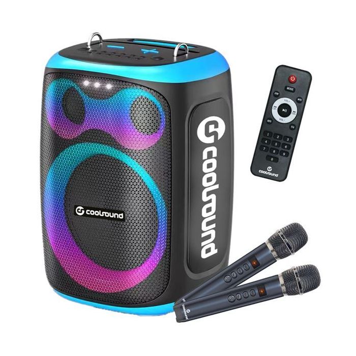 Coolsound Blast Altavoz Karaoke - 8  - 60W RMS - Iluminacion RGB - Bluetooth, USB, Tarjeta TF y Auxiliar - 2 Microfonos Inalambr
