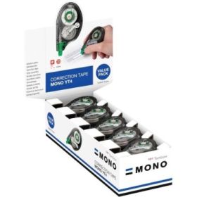 Tombow Mono YT Expositor con 20 Cintas Correctoras - 4.2mm x 10m - PET Resistente al Desgarro - Secado Inmediato - Color Transpa