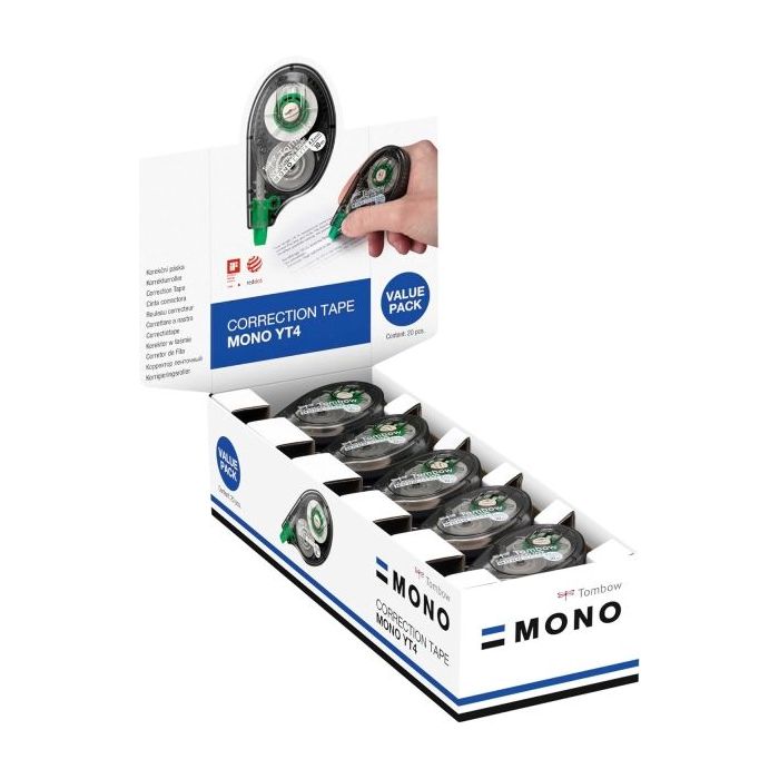 Tombow Mono YT Expositor con 20 Cintas Correctoras - 4.2mm x 10m - PET Resistente al Desgarro - Secado Inmediato - Color Transpa