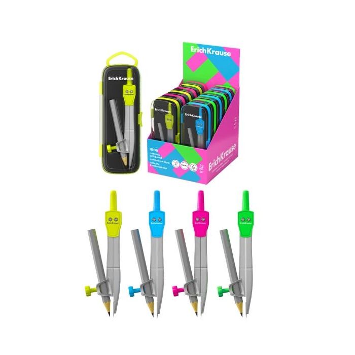 ErichKrause Neon Expositor con 12 Compases con Lapiz - Cuerpo Metalico - 123mm de Longitud - Radio Maximo de 185mm - Colores Sur