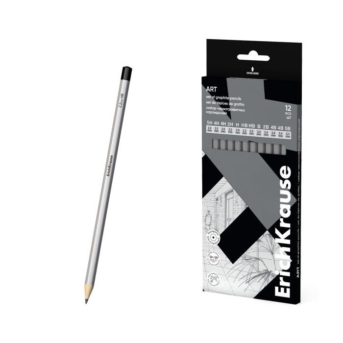 ErichKrause Art Pack de 12 Lapices de Grafito - Durezas Surtidas 5H-5B - Cuerpo Hexagonal - Pegado Completo de la Mina - Agarre