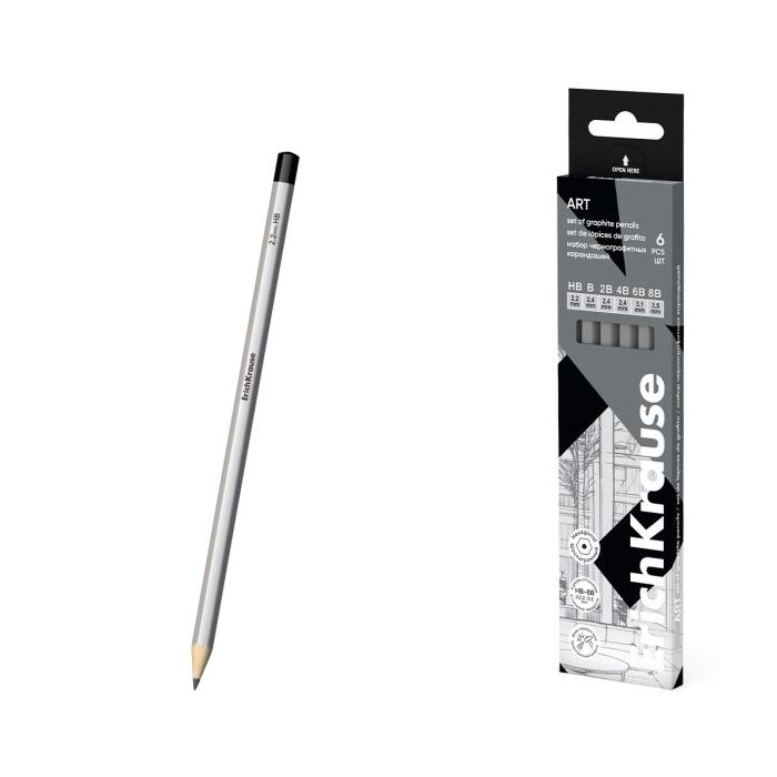 ErichKrause Art Pack de 6 Lapices de Grafito - Durezas Surtidas HB-8B - Cuerpo Hexagonal - Mina Resistente - Agarre Ergonomico -