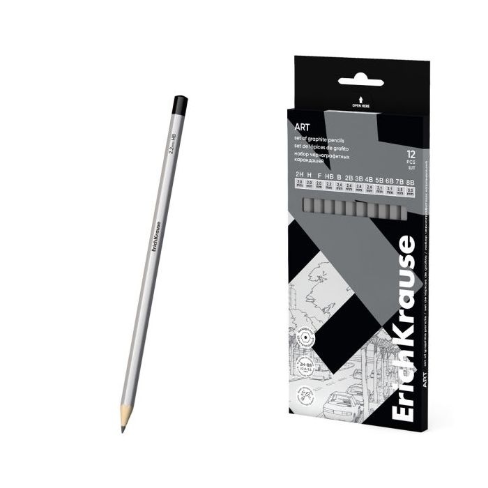 ErichKrause Art Pack de 12 Lapices de Grafito - Durezas Surtidas 2H-8B - Cuerpo Hexagonal - Pegado Completo de la Mina - Facil A