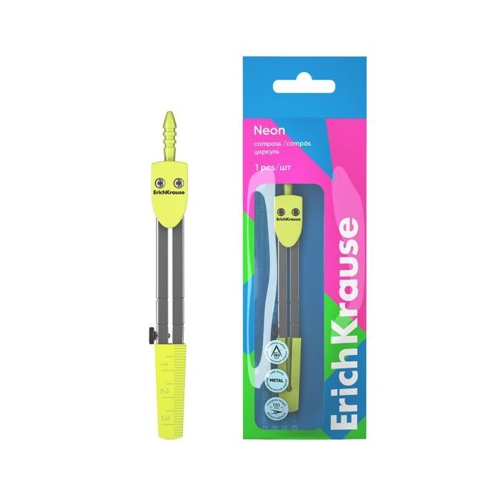 ErichKrause Neon Compas Escolar - Cuerpo Metalico - 120mm de Longitud - Radio Maximo de 180mm - Bolsa de Polietileno - Color Ama