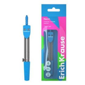 ErichKrause Neon Compas Escolar - Cuerpo Metalico - 120mm de Longitud - Radio Maximo de 180mm - Bolsa de Polietileno - Color Azu