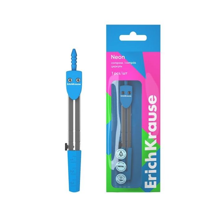 ErichKrause Neon Compas Escolar - Cuerpo Metalico - 120mm de Longitud - Radio Maximo de 180mm - Bolsa de Polietileno - Color Azu