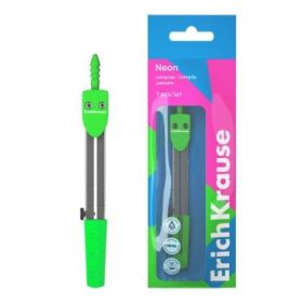 ErichKrause Neon Compas Escolar - Cuerpo Metalico - 120mm de Longitud - Radio Maximo de 180mm - Bolsa de Polietileno - Color Ver