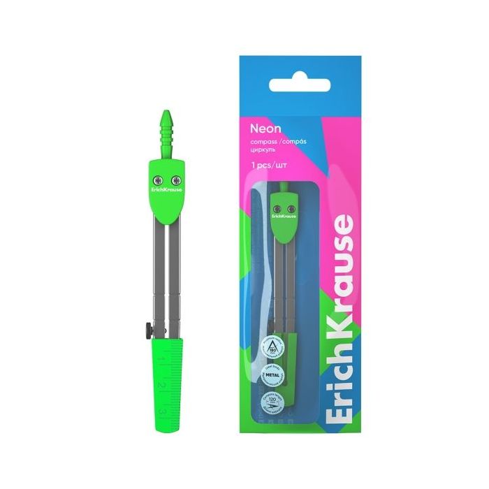 ErichKrause Neon Compas Escolar - Cuerpo Metalico - 120mm de Longitud - Radio Maximo de 180mm - Bolsa de Polietileno - Color Ver