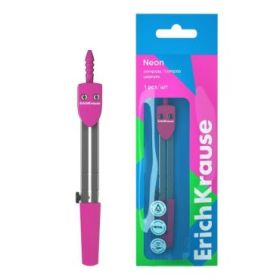 ErichKrause Neon Compas Escolar - Cuerpo Metalico - 120mm de Longitud - Radio Maximo de 180mm - Bolsa de Polietileno - Color Ros