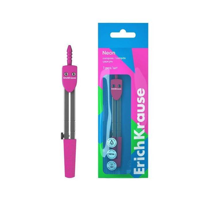 ErichKrause Neon Compas Escolar - Cuerpo Metalico - 120mm de Longitud - Radio Maximo de 180mm - Bolsa de Polietileno - Color Ros