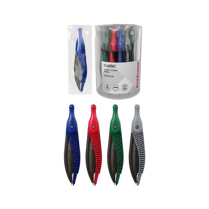 ErichKrause Classic Compas Escolar - Cuerpo de Plastico - Estuche de PVC - 122mm de Longitud - Radio Maximo de 150mm - Colores S