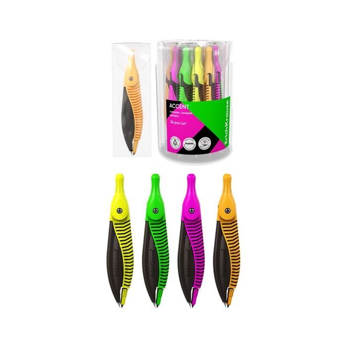 ErichKrause Accent Compas Escolar - Cuerpo de Plastico - Estuche de PVC - 122mm de Longitud - Radio Maximo de 150mm - Colores Su