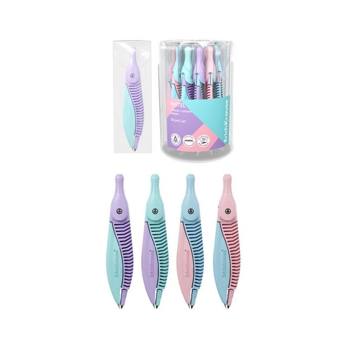 ErichKrause Pastel Compas Escolar - Cuerpo de Plastico - Estuche de PVC - 122mm de Longitud - Radio Maximo de 150mm - Colores Su