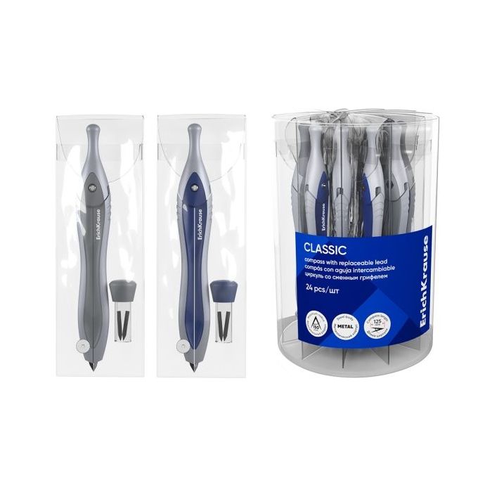 ErichKrause Neon Compas Escolar - Mina de Repuesto - Cuerpo Metalico - Estuche de PVC - 125mm de Longitud - Radio Maximo de 150m