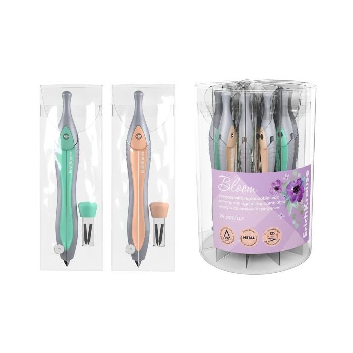 ErichKrause Pastel Bloom Compas Escolar - Mina de Repuesto - Cuerpo Metalico - Estuche de PVC - 125mm de Longitud - Radio Maximo