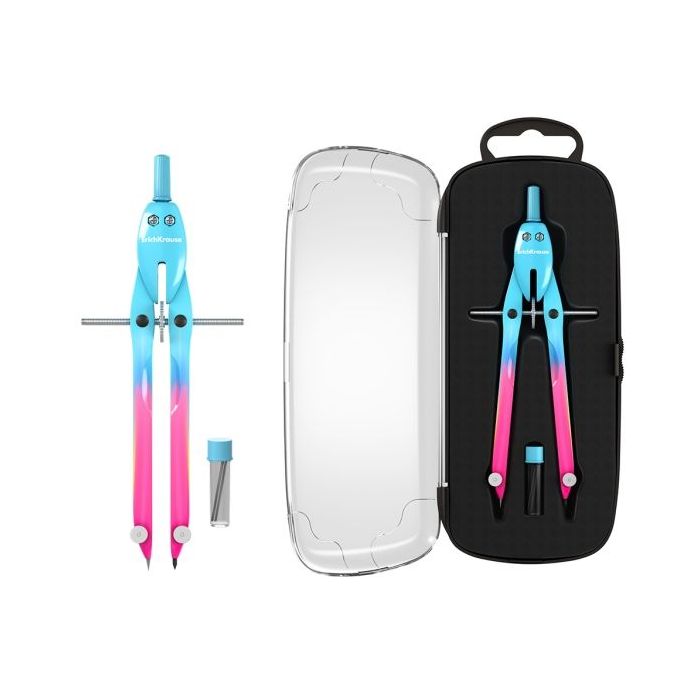 ErichKrause CoolRay Compas Escolar - Mina de Repuesto - Cuerpo Metalico - Estuche - 155mm de Longitud - Radio Maximo de 150mm -