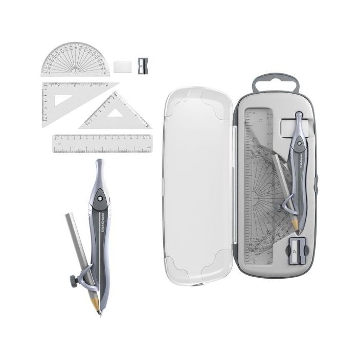 ErichKrause Classic Pack Escolar de Dibujo - Compas - Regla de 15cm - Escuadra - Cartabon - Transportador de Angulos - Goma de B