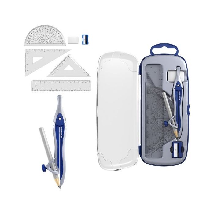 ErichKrause Classic Pack Escolar de Dibujo - Compas - Regla de 15cm - Escuadra - Cartabon - Transportador de Angulos - Goma de B