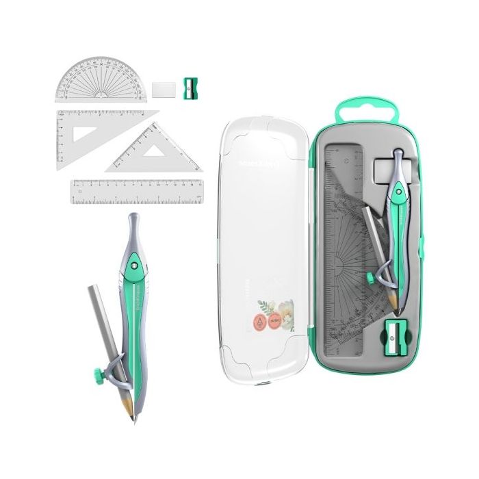ErichKrause Pastel Bloom Pack Escolar de Dibujo - Compas - Regla de 15cm - Escuadra - Cartabon - Transportador de Angulos - Goma
