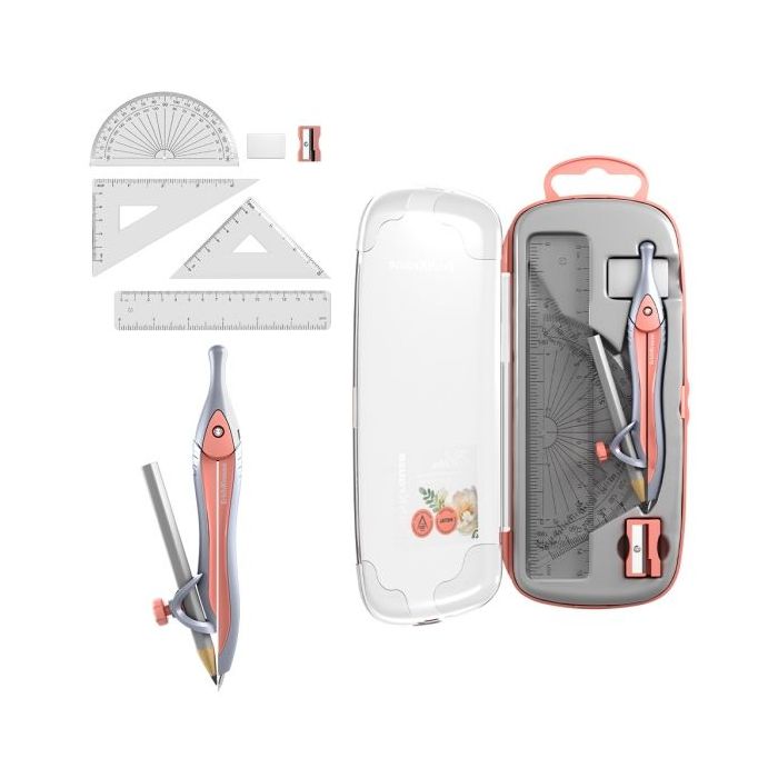 ErichKrause Pastel Bloom Pack Escolar de Dibujo - Compas - Regla de 15cm - Escuadra - Cartabon - Transportador de Angulos - Goma