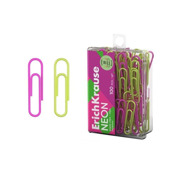 ErichKrause Neon Pack de 100 Clips Recubiertos - 28mm - Caja de Plastico - Colores Surtidos