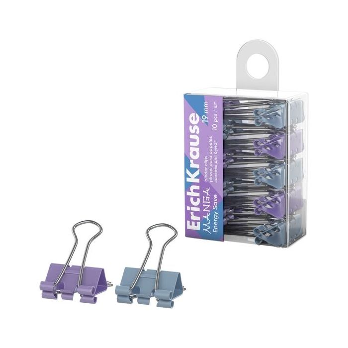 ErichKrause Energy Save Manga Pack de 10 Pinzas Sujetapapeles - 19mm de Ancho - Metalicas - Capacidad hasta 80 Hojas - Colores S