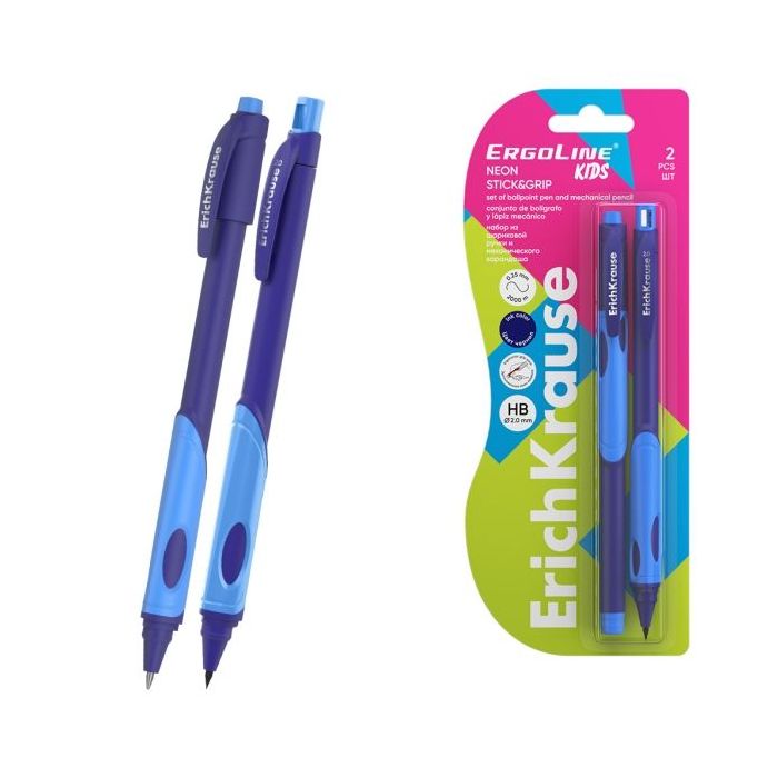 ErichKrause Pack de Boligrafo Retractil y Portaminas - Punta de 0.5mm - Mina de 2mm HB - Zona de Agarre Triangular - Capuchon Ve