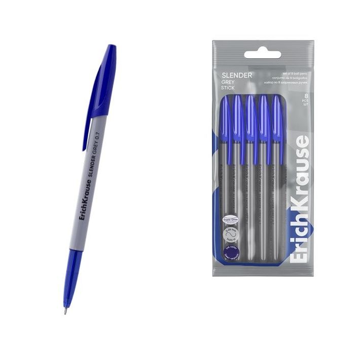 ErichKrause Slender Stick Grey Pack de 8 Boligrafos con Capuchon - Punta de Aguja 0.7mm - Cuerpo Opaco Gris - Trazo 0.26mm - Tin