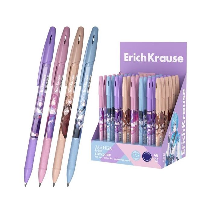 ErichKrause R-301 Stick and Grip Manga Expositor con 48 Boligrafos con Capuchon - Modelos Surtidos - Trazo 0.35mm - Zona de Agar