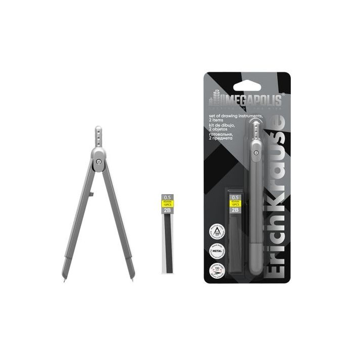 ErichKrause Megapolis Compas Escolar - Incluye 10 Minas de Repuesto 2B 0.5 - 130mm de Longitud - Radio Maximo de 160mm - Color P