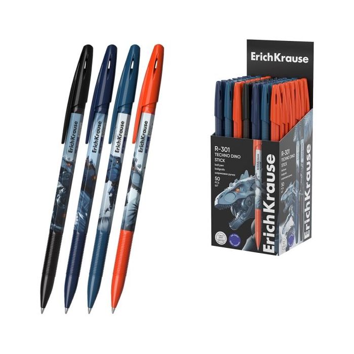 ErichKrause R-301 Stick Techno Dino Boligrafo con Capuchon - Modelos Surtidos - Trazo 0.35mm - Tinta de Secado Rapido - Tapa Ven