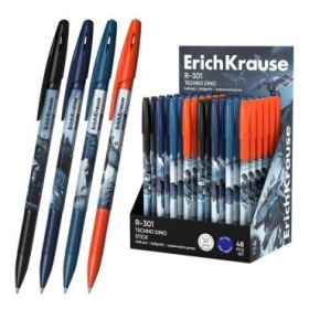 ErichKrause R-301 Stick Techno Dino Expositor con 48 Boligrafos con Capuchon - Modelos Surtidos - Trazo 0.35mm - Tinta de Secado