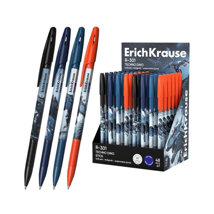 ErichKrause R-301 Stick Techno Dino Expositor con 48 Boligrafos con Capuchon - Modelos Surtidos - Trazo 0.35mm - Tinta de Secado
