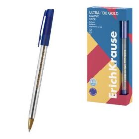 ErichKrause ULTRA-100 Gold Stick Classic Boligrafo con Capuchon - Punta de Aguja 0.5mm - Cuerpo Transparente - Trazo 0.25mm - Ti
