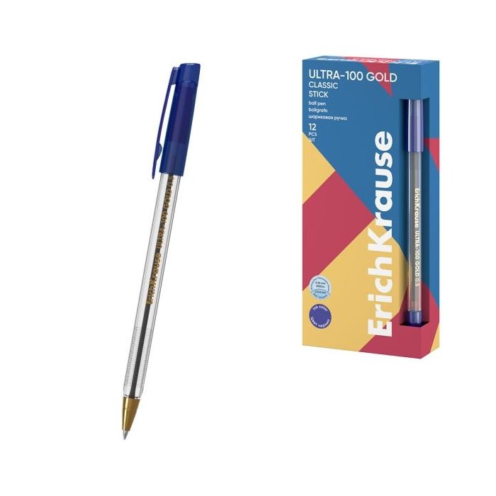 ErichKrause ULTRA-100 Gold Stick Classic Boligrafo con Capuchon - Punta de Aguja 0.5mm - Cuerpo Transparente - Trazo 0.25mm - Ti
