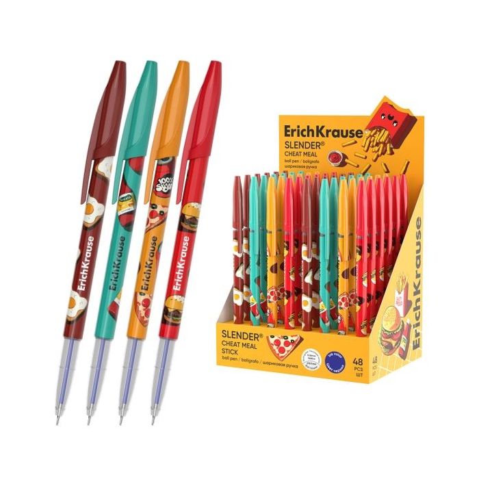 ErichKrause Stick Cheat Meal Expositor con 48 Boligrafos con Capuchon - Modelos Surtidos - Trazo 0.26mm - Tinta de Baja Viscosid