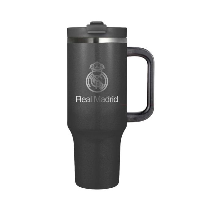 Safta Real Madrid Vaso con Asa Termico - Capacidad 1.2L - Pajita con Varilla de Limpieza - Revestimiento Interior de Cobre - Tap