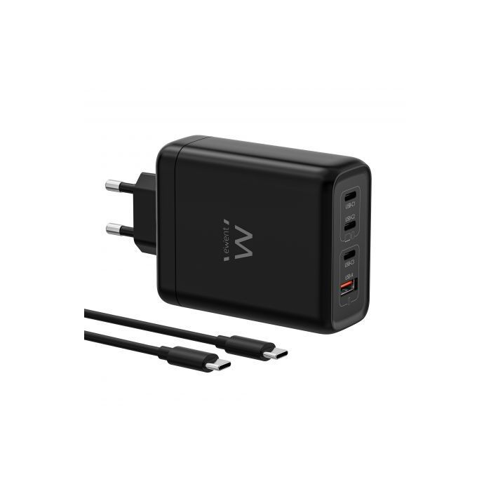 Ewent EW1337 Cargador GAN 140W - 3xUSB-C PD3.1, QC5.0 - 1xUSB-A QC3.0 - Cable 2 Metros - Color Negro