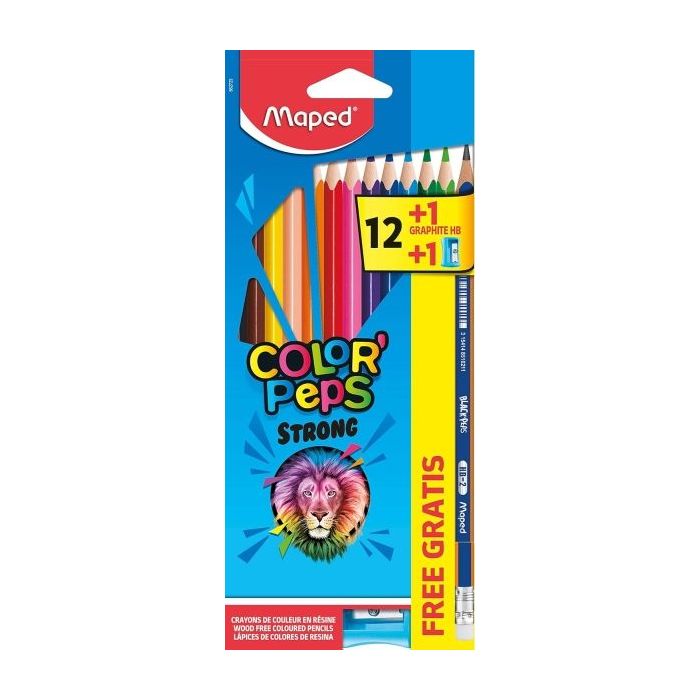 Maped Color´Peps Strong Pack de 12 Lapices Triangulares de Colores + 1 Lapiz de Grafito con Goma + Sacapuntas - Sin Madera - Min