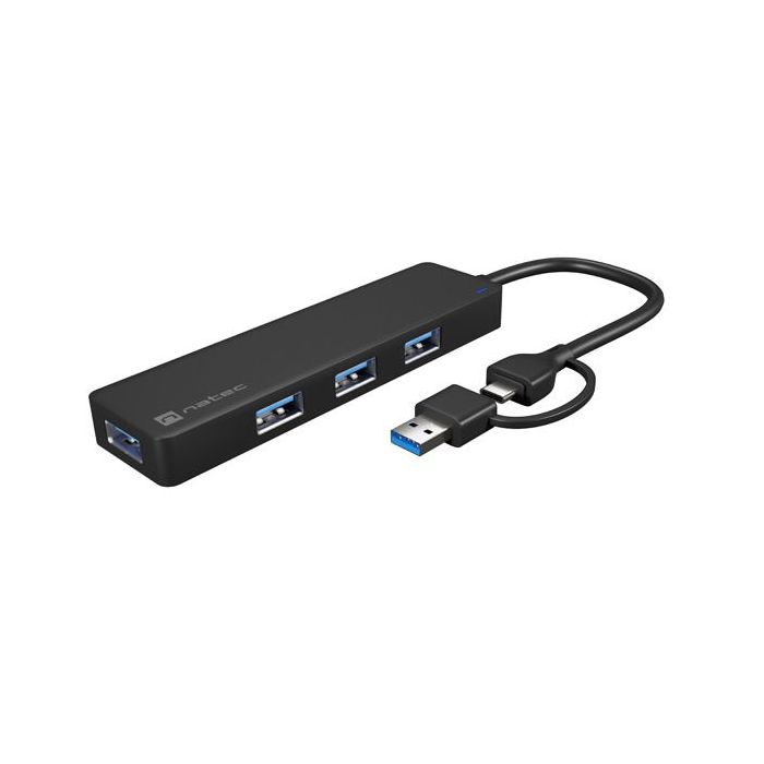 Natec Mayfly Hub USB-C - 4 Puertos USB 3.0 - Adaptador USB-C a USB-A - Color Negro
