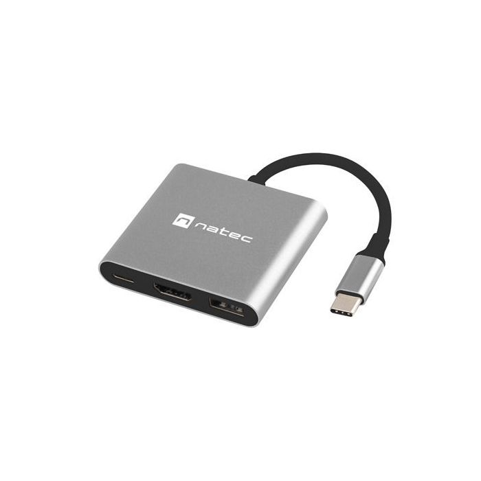 Natec Fowler Mini Adaptador Multipuerto 3en1 - USB-C a USB 3.0, HDMI 4K - USB-C Power Delivery - Color Gris