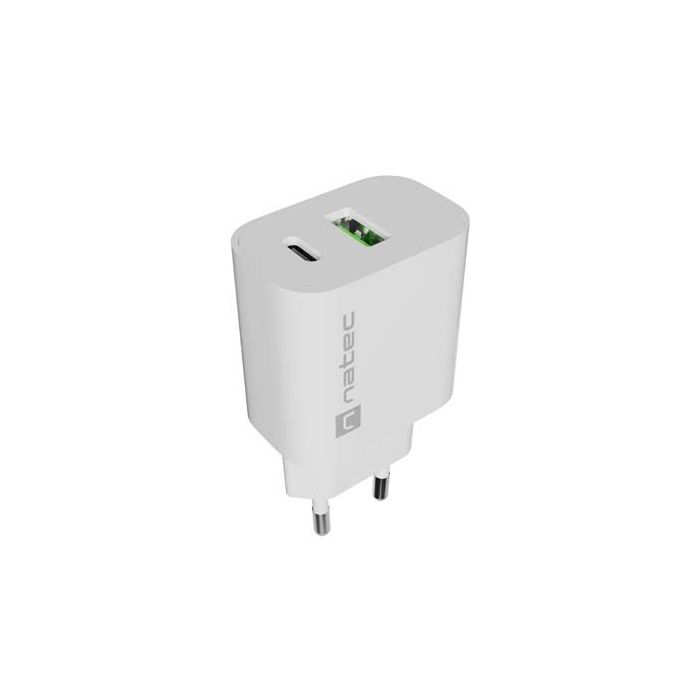 Natec Ribera Cargador de Pared 20W - 1xUSB-A + 1xUSB-C - Carga Rapida - 2 Dispositivos Simultaneos - Color Blanco