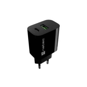 Natec Ribera Cargador de Pared 20W - 1xUSB-A + 1xUSB-C - Carga Rapida - 2 Dispositivos Simultaneos - Color Negro