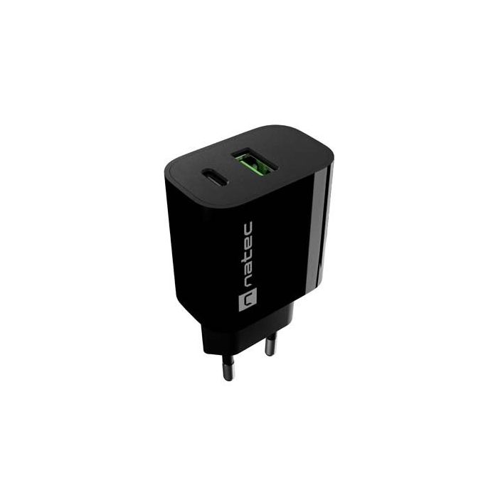 Natec Ribera Cargador de Pared 20W - 1xUSB-A + 1xUSB-C - Carga Rapida - 2 Dispositivos Simultaneos - Color Negro