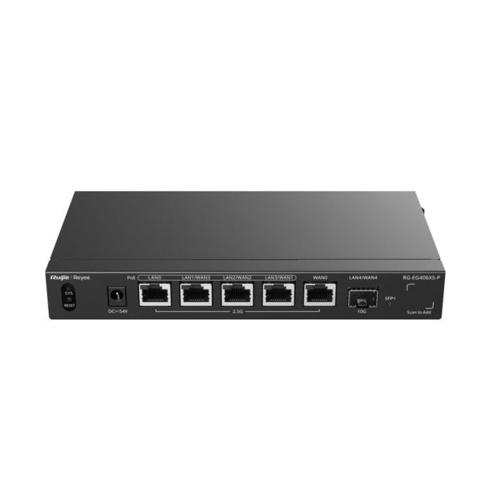 Ruijie RG-EG406XS-P Router Gestionado - 6 Puertos - 5x Ethernet 2.5Gbps - SFP+ - 4x PoE+ 110W - Gestion en la Nube - Color Negro