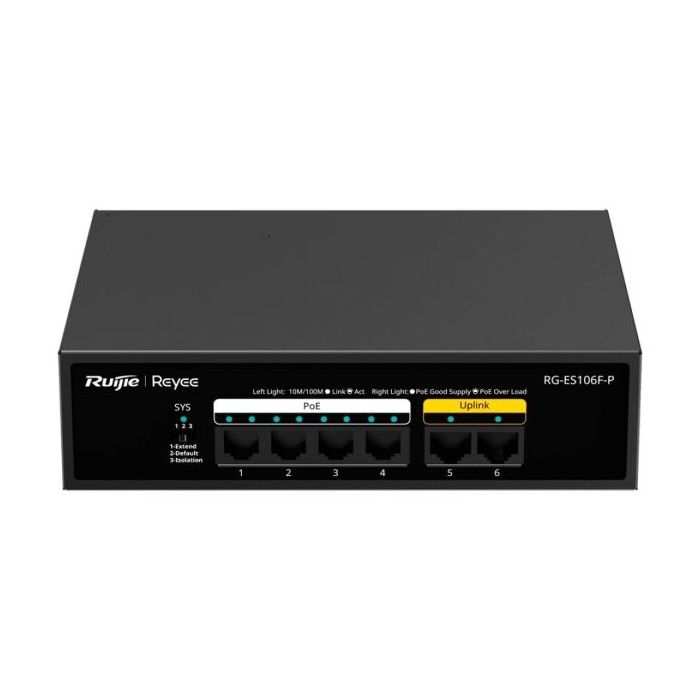 Ruijie RG-ES106F-P Switch - 6 Puertos - Velocidad hasta 100Mbps - PoE/PoE+ hasta 54W - Carcasa de Acero - Color Negro